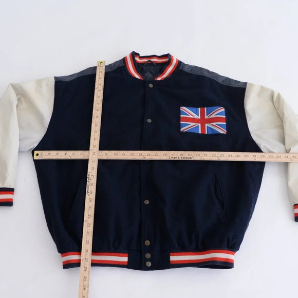 Vintage 90S Steve And Barrys British Flag Navy And Cream Wool Blend Faux Leather - Picture 4 of 16